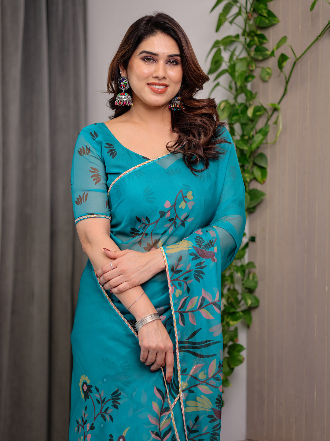 Teal Green Printed Organza Saree with Floral & Bird Motifs and Multicolour Lace Border | Designer Lightweight Organza Saree with Attached Blouse Piece | Elegant Festive & Party Wear Saree
