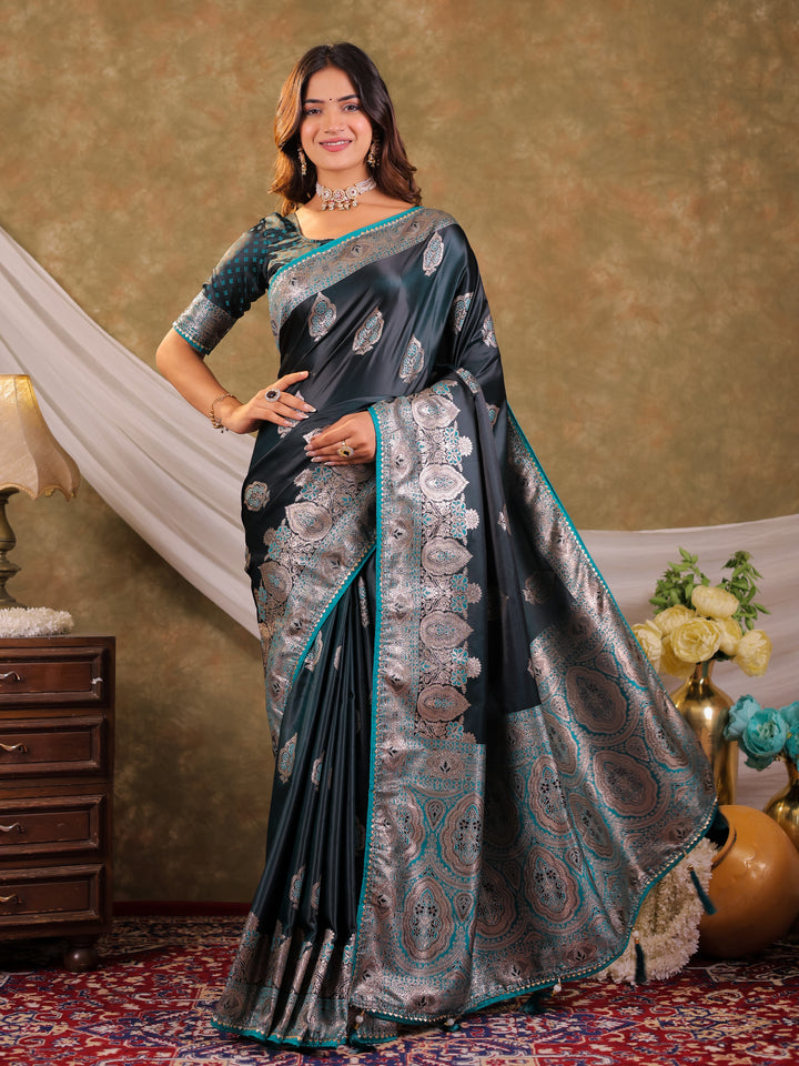 Dark Teal Green Kanjivaram Banarasi Satin Silk Saree with Rich Silver Zari Weaving, Royal Heritage Pallu & Tassel Detailing