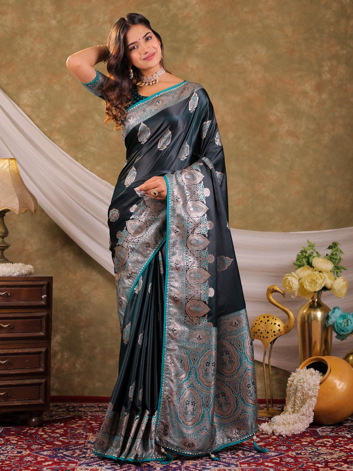 Dark Teal Green Kanjivaram Banarasi Satin Silk Saree with Rich Silver Zari Weaving, Royal Heritage Pallu & Tassel Detailing
