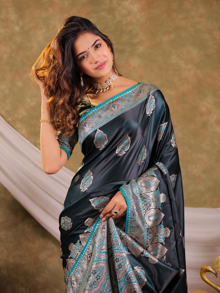 Dark Teal Green Kanjivaram Banarasi Satin Silk Saree with Rich Silver Zari Weaving, Royal Heritage Pallu & Tassel Detailing
