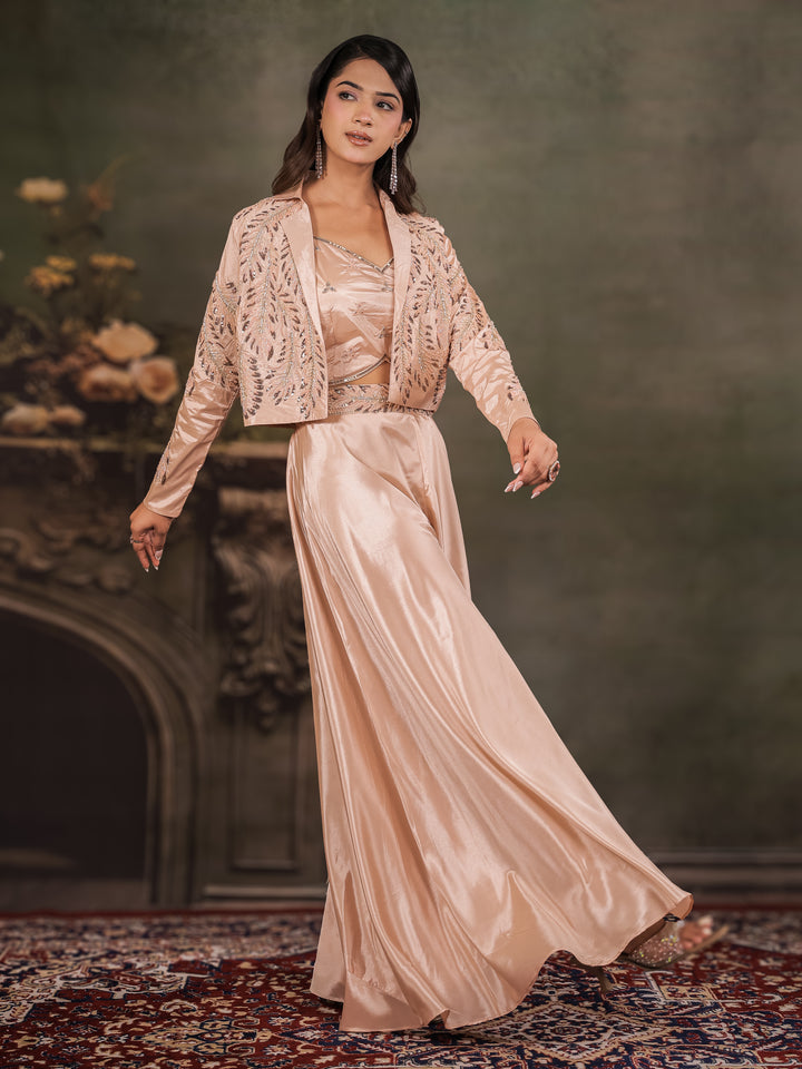 Champagne Beige Satin Co-Ord Set with Embroidered Crop Top, Designer Jacket & Wide-Leg Palazzo