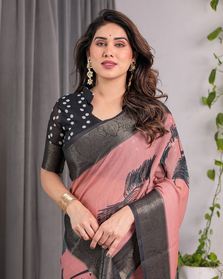 Blush Pink Handloom Linen Saree with Artistic Bearded Face Pallu Print & Black Zari Border | Attached Blouse | 5.5m Saree + 0.8m Blouse