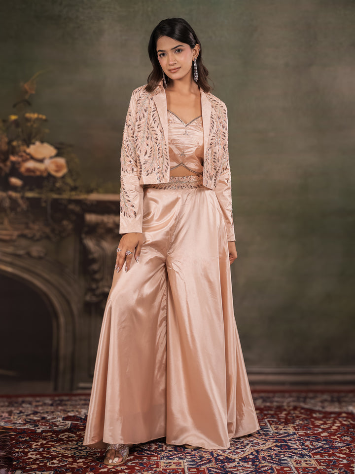 Champagne Beige Satin Co-Ord Set with Embroidered Crop Top, Designer Jacket & Wide-Leg Palazzo