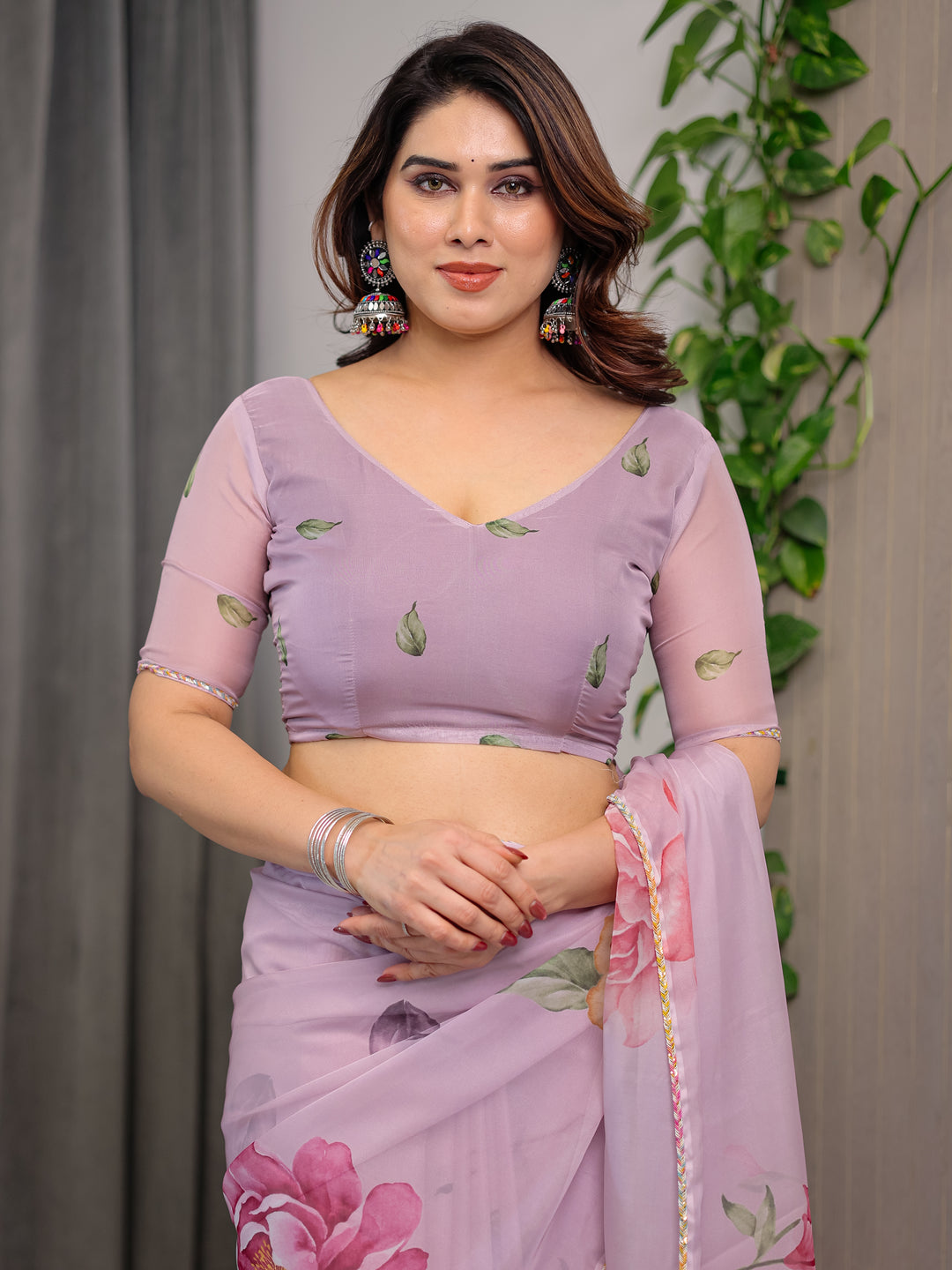 Dusty Rose Pink Floral Printed Organza Saree with Watercolour Rose Motifs | Designer Lightweight Sheer Organza Saree with Attached Blouse | Elegant Festive & Party Wear Saree