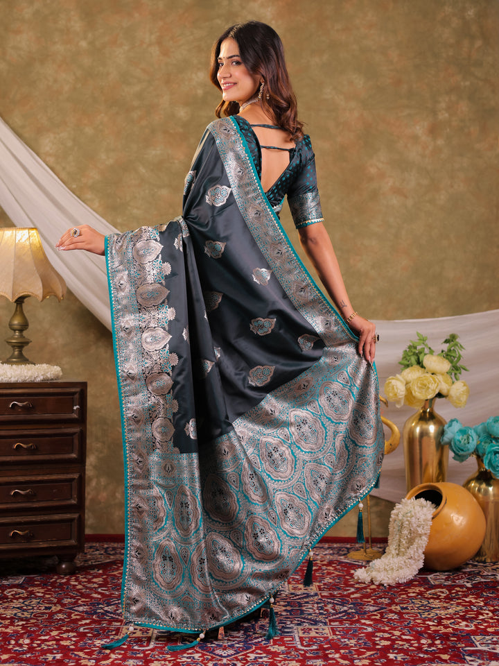 Dark Teal Green Kanjivaram Banarasi Satin Silk Saree with Rich Silver Zari Weaving, Royal Heritage Pallu & Tassel Detailing