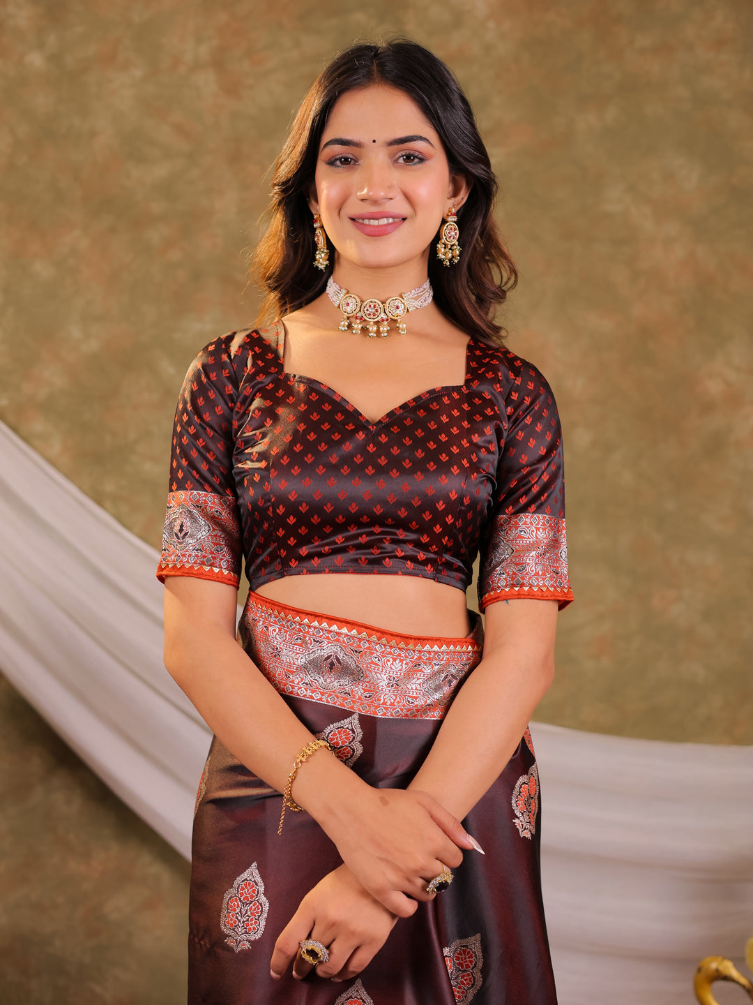 Chocolate Brown Kanjivaram Banarasi Satin Silk Saree with Rich Silver Zari Weaving, Royal Heritage Pallu & Tassel Detailing