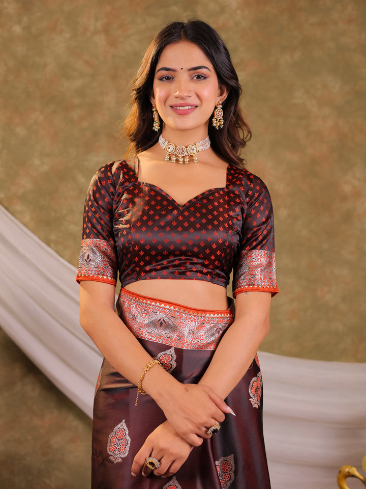 Chocolate Brown Kanjivaram Banarasi Satin Silk Saree with Rich Silver Zari Weaving, Royal Heritage Pallu & Tassel Detailing