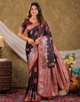Chocolate Brown Kanjivaram Banarasi Satin Silk Saree with Rich Silver Zari Weaving, Royal Heritage Pallu & Tassel Detailing