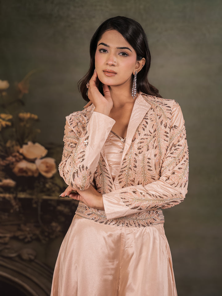 Champagne Beige Satin Co-Ord Set with Embroidered Crop Top, Designer Jacket & Wide-Leg Palazzo