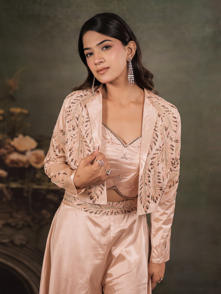 Champagne Beige Satin Co-Ord Set with Embroidered Crop Top, Designer Jacket & Wide-Leg Palazzo