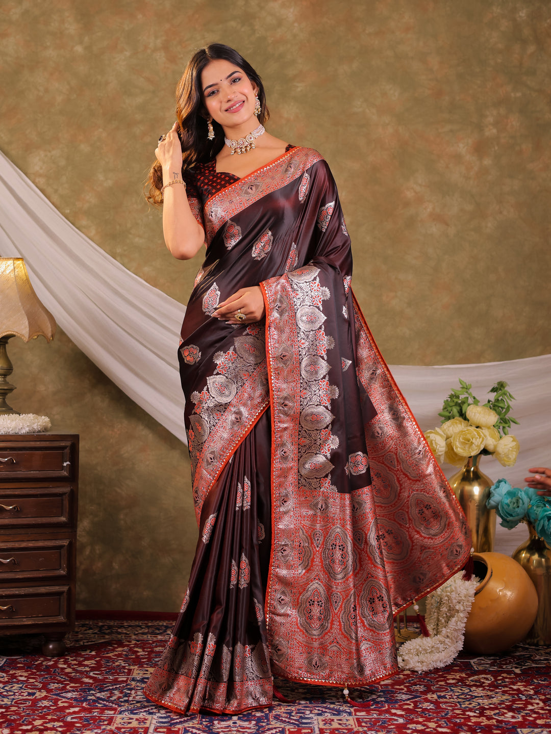 Chocolate Brown Kanjivaram Banarasi Satin Silk Saree with Rich Silver Zari Weaving, Royal Heritage Pallu & Tassel Detailing