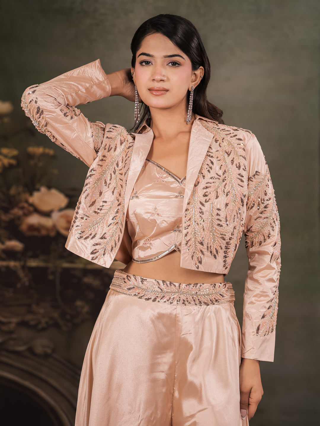 Champagne Beige Satin Co-Ord Set with Embroidered Crop Top, Designer Jacket & Wide-Leg Palazzo
