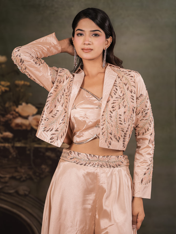 Champagne Beige Satin Co-Ord Set with Embroidered Crop Top, Designer Jacket & Wide-Leg Palazzo