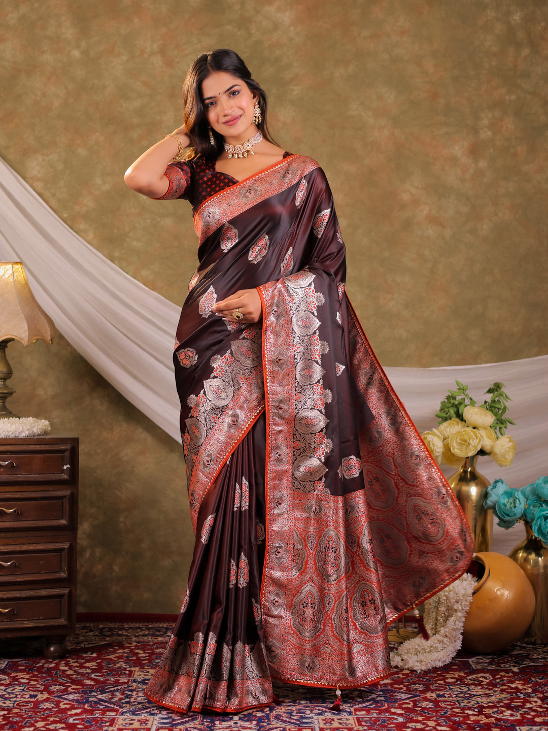 Chocolate Brown Kanjivaram Banarasi Satin Silk Saree with Rich Silver Zari Weaving, Royal Heritage Pallu & Tassel Detailing
