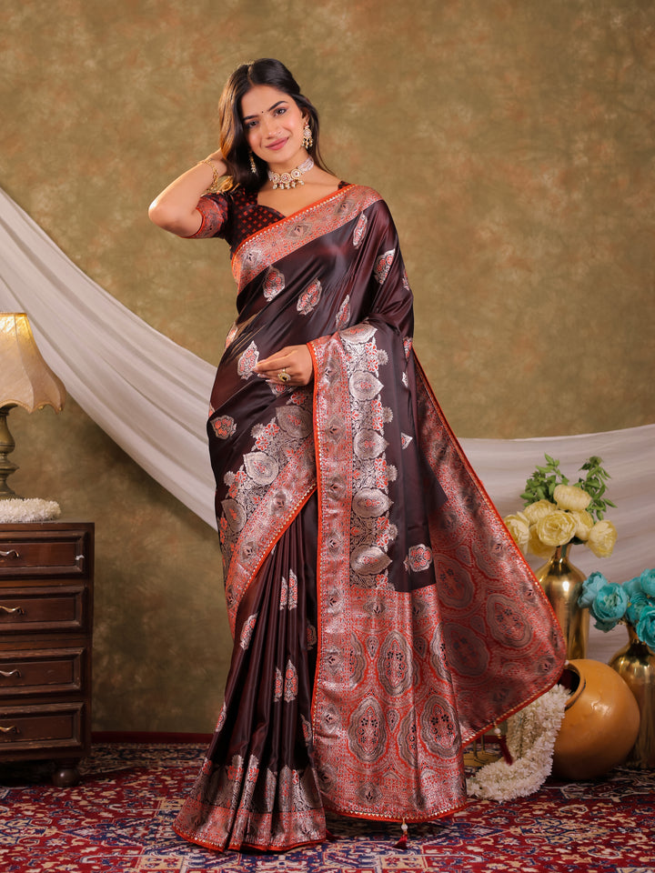 Chocolate Brown Kanjivaram Banarasi Satin Silk Saree with Rich Silver Zari Weaving, Royal Heritage Pallu & Tassel Detailing