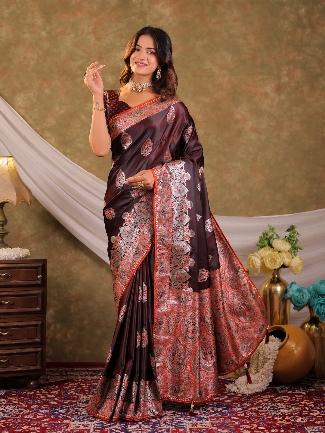 Chocolate Brown Kanjivaram Banarasi Satin Silk Saree with Rich Silver Zari Weaving, Royal Heritage Pallu & Tassel Detailing