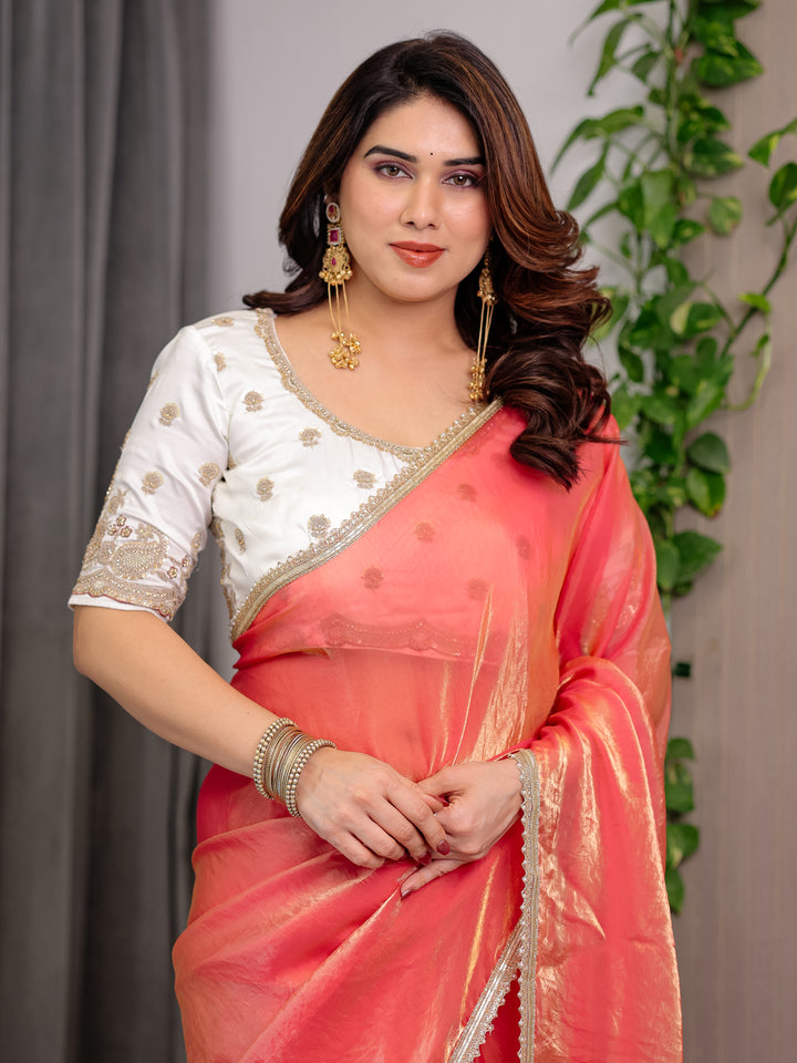Coral Peach Fendy Satin Saree with Pearl Lace Border & Tassels | Premium Shimmer Satin Saree with Heavy Embroidered Designer Blouse | Zari Floral Embroidery Blouse Saree for Wedding & Festive Wear