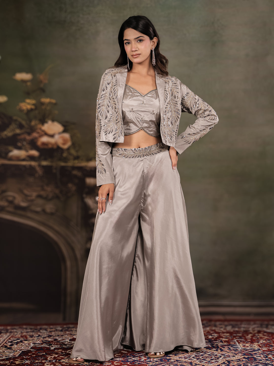 Silver Mist Satin Co-Ord Set with Embroidered Crop Top, Designer Jacket & Wide-Leg Palazzo