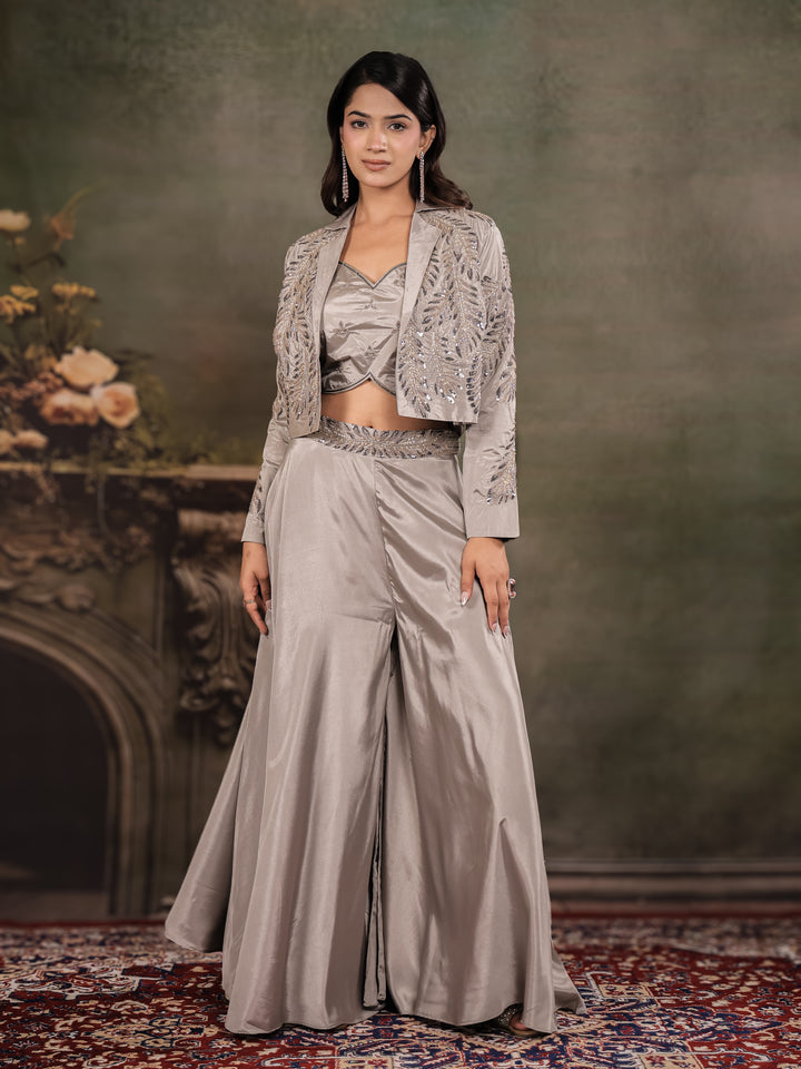 Silver Mist Satin Co-Ord Set with Embroidered Crop Top, Designer Jacket & Wide-Leg Palazzo