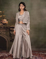 Silver Mist Satin Co-Ord Set with Embroidered Crop Top, Designer Jacket & Wide-Leg Palazzo