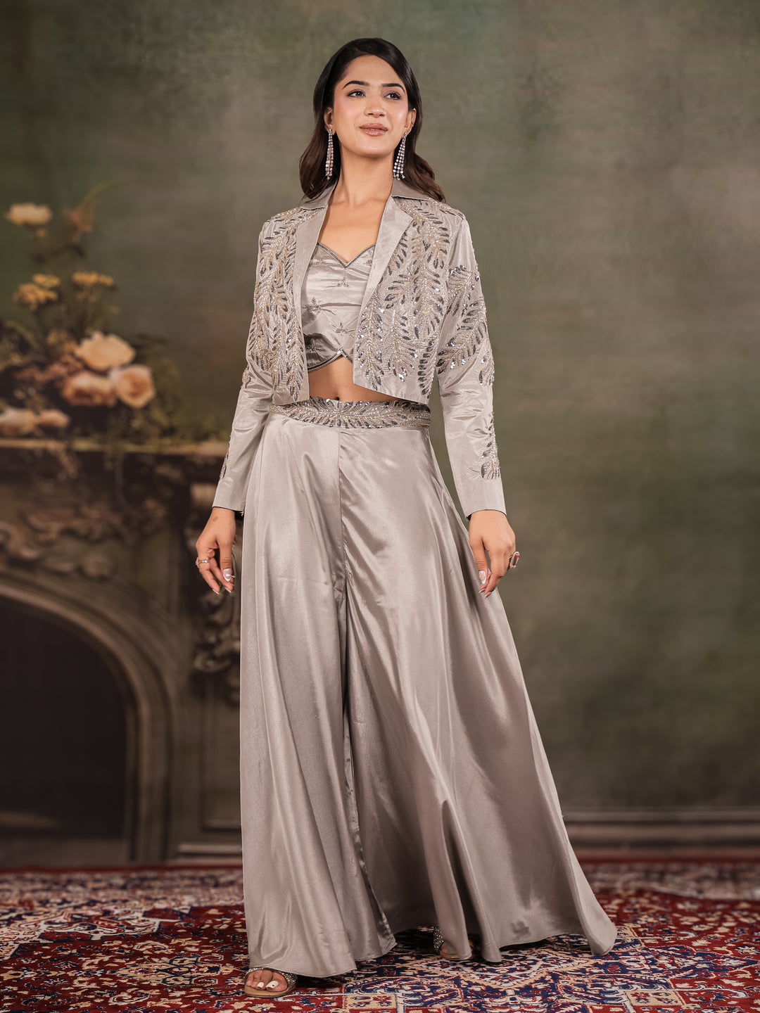 Silver Mist Satin Co-Ord Set with Embroidered Crop Top, Designer Jacket & Wide-Leg Palazzo