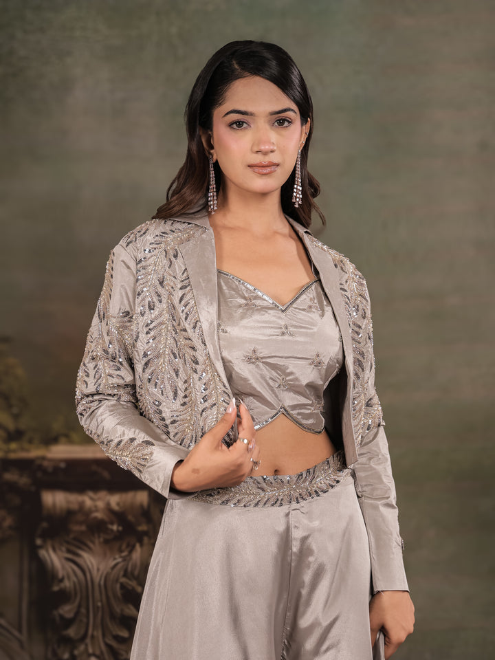 Silver Mist Satin Co-Ord Set with Embroidered Crop Top, Designer Jacket & Wide-Leg Palazzo