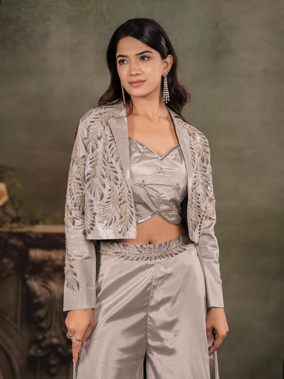 Silver Mist Satin Co-Ord Set with Embroidered Crop Top, Designer Jacket & Wide-Leg Palazzo