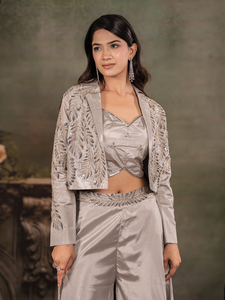 Silver Mist Satin Co-Ord Set with Embroidered Crop Top, Designer Jacket & Wide-Leg Palazzo