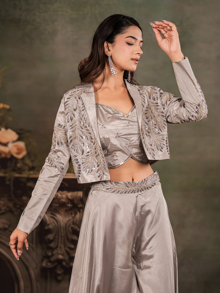 Silver Mist Satin Co-Ord Set with Embroidered Crop Top, Designer Jacket & Wide-Leg Palazzo