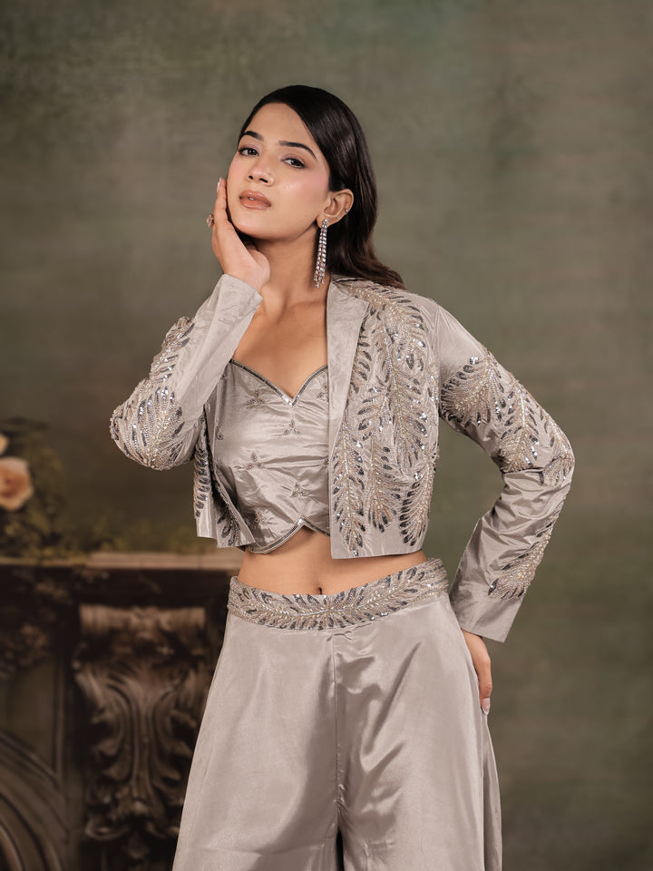 Silver Mist Satin Co-Ord Set with Embroidered Crop Top, Designer Jacket & Wide-Leg Palazzo