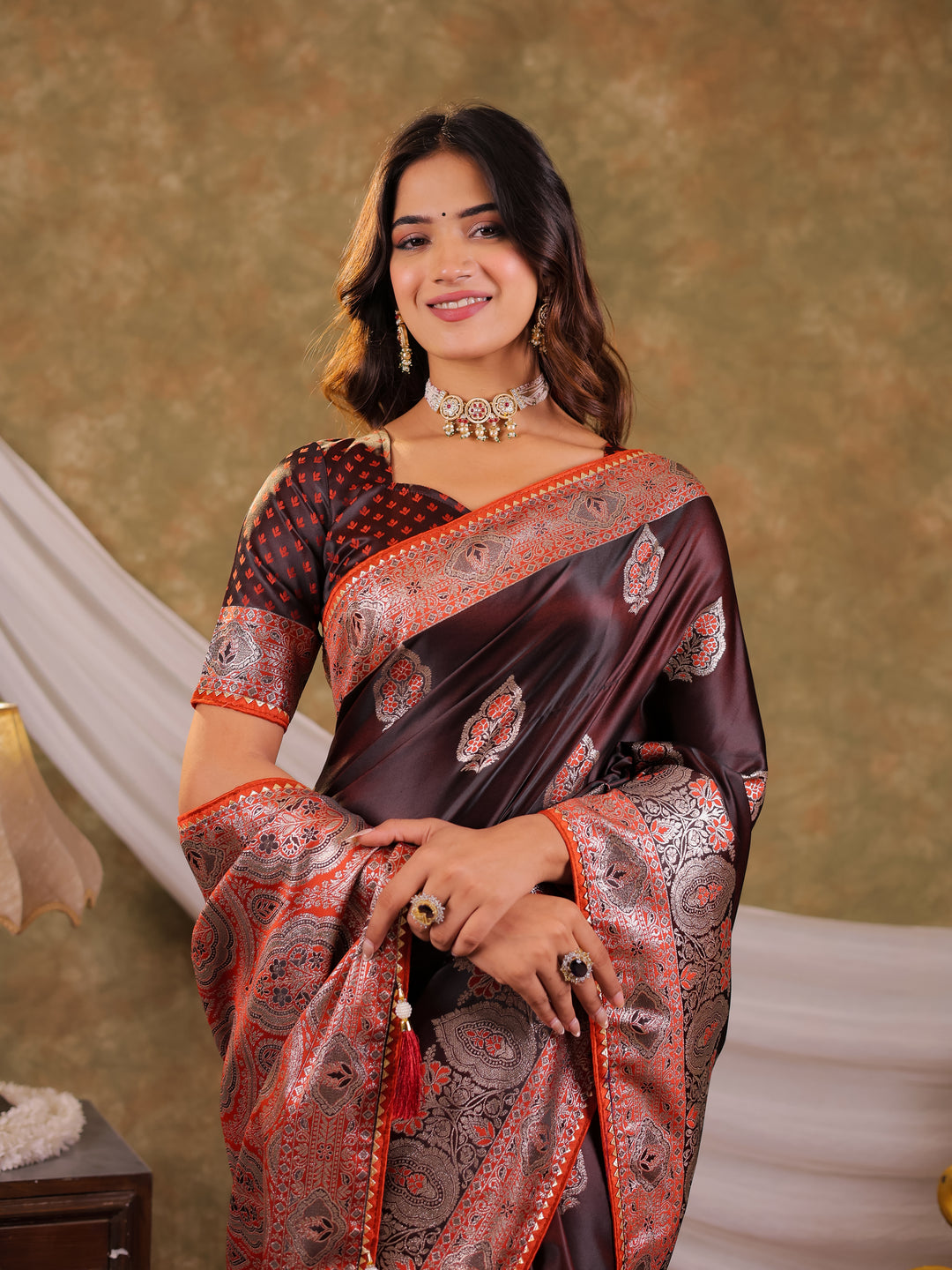 Chocolate Brown Kanjivaram Banarasi Satin Silk Saree with Rich Silver Zari Weaving, Royal Heritage Pallu & Tassel Detailing