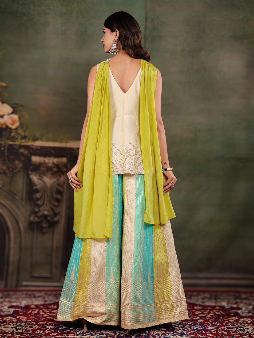 Ivory & Aqua Embroidered Kurta Set with Multicolour Palazzo & Lime Green Dupatta