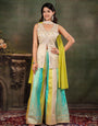 Ivory & Aqua Embroidered Kurta Set with Multicolour Palazzo & Lime Green Dupatta