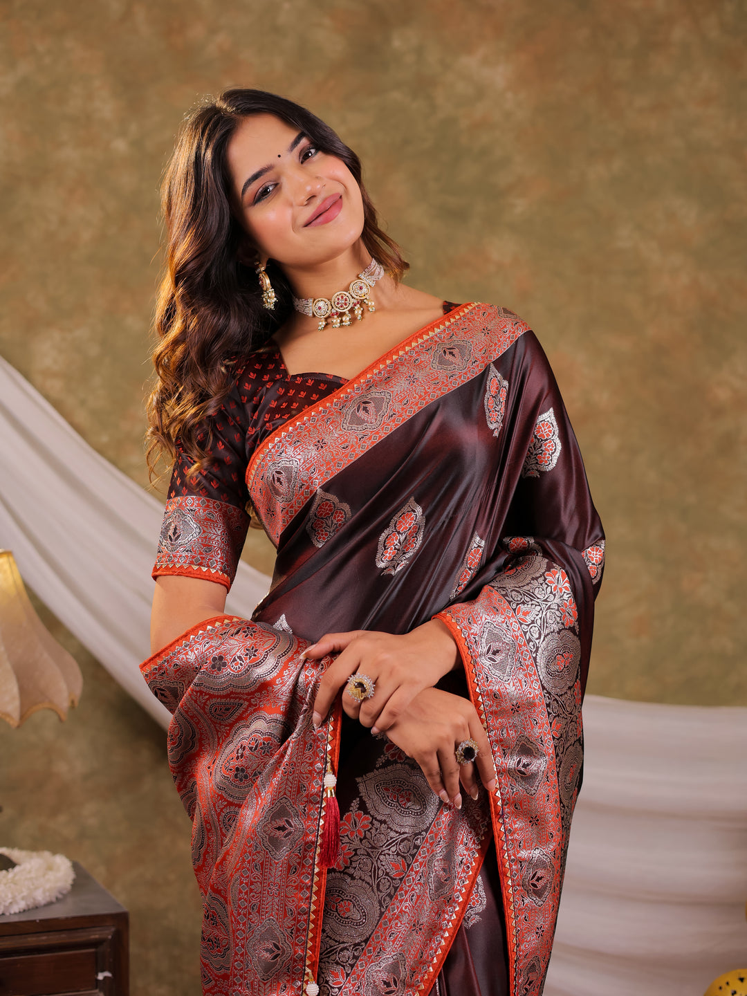 Chocolate Brown Kanjivaram Banarasi Satin Silk Saree with Rich Silver Zari Weaving, Royal Heritage Pallu & Tassel Detailing