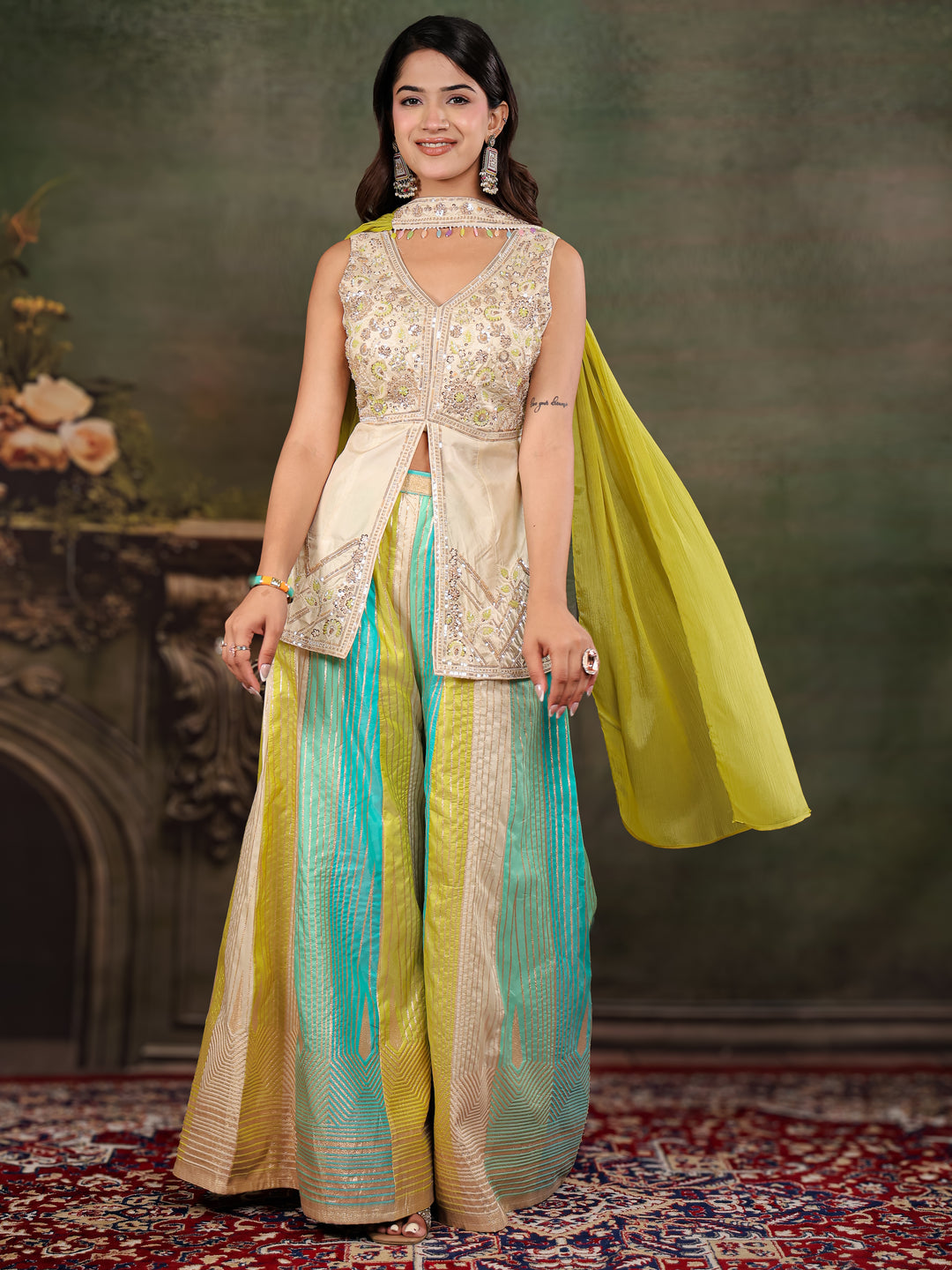Ivory & Aqua Embroidered Kurta Set with Multicolour Palazzo & Lime Green Dupatta