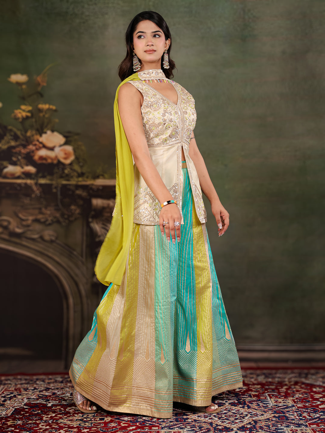 Ivory & Aqua Embroidered Kurta Set with Multicolour Palazzo & Lime Green Dupatta