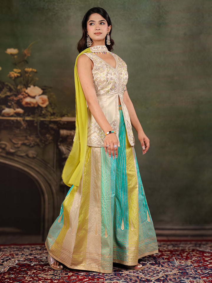 Ivory & Aqua Embroidered Kurta Set with Multicolour Palazzo & Lime Green Dupatta