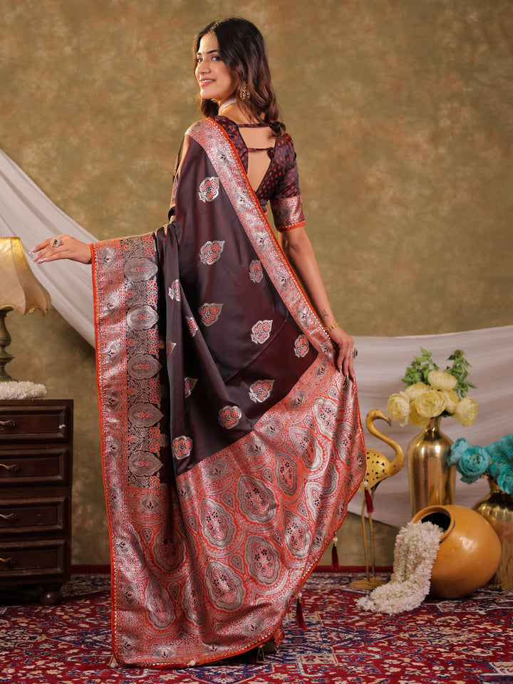 Chocolate Brown Kanjivaram Banarasi Satin Silk Saree with Rich Silver Zari Weaving, Royal Heritage Pallu & Tassel Detailing