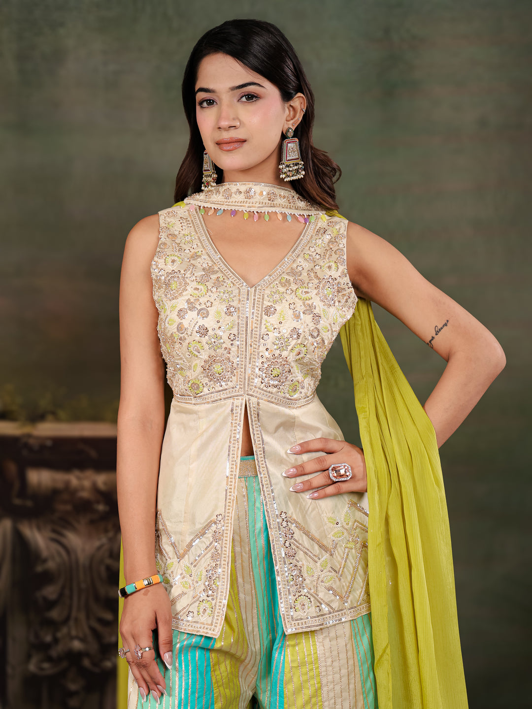 Ivory & Aqua Embroidered Kurta Set with Multicolour Palazzo & Lime Green Dupatta