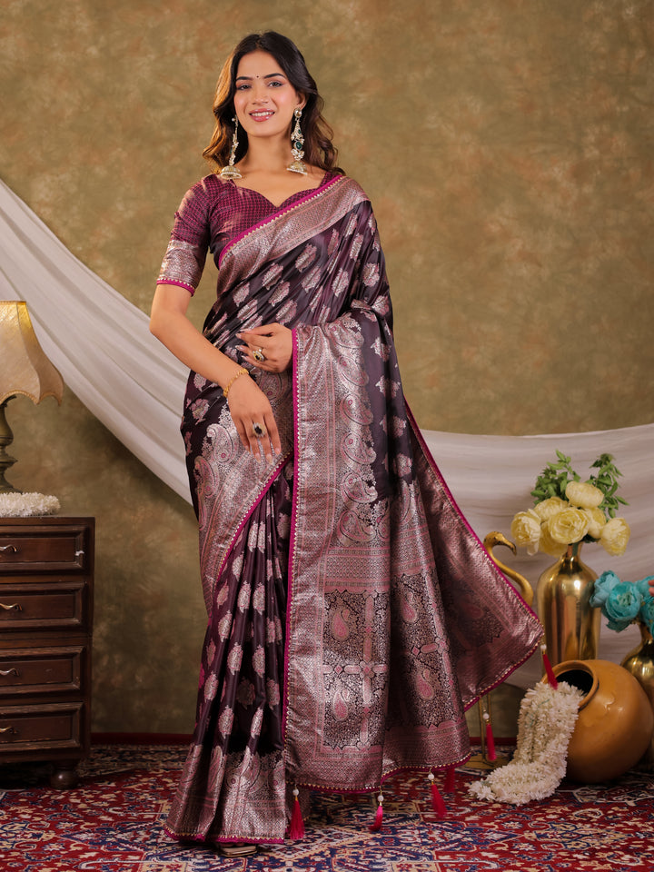 Wine Purple Kanjivaram Banarasi Satin Silk Saree with Intricate Silver Zari Weaving, Royal Heritage Pallu & Tassel Detailing