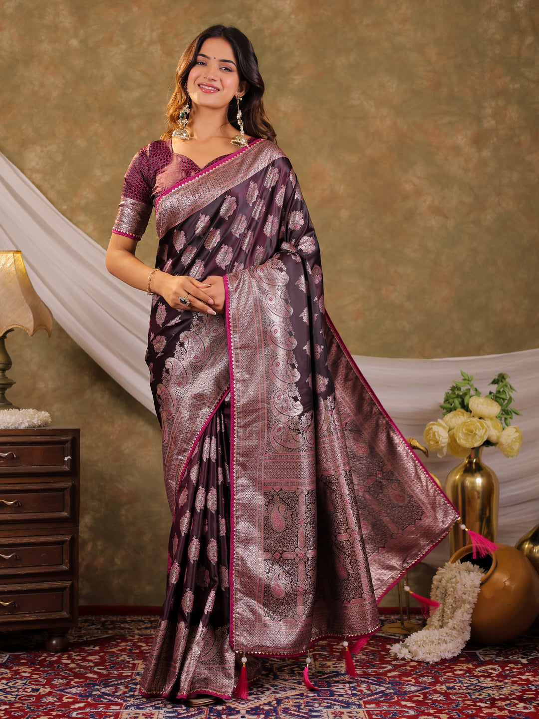 Wine Purple Kanjivaram Banarasi Satin Silk Saree with Intricate Silver Zari Weaving, Royal Heritage Pallu & Tassel Detailing