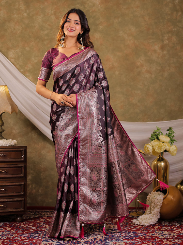 Wine Purple Kanjivaram Banarasi Satin Silk Saree with Intricate Silver Zari Weaving, Royal Heritage Pallu & Tassel Detailing