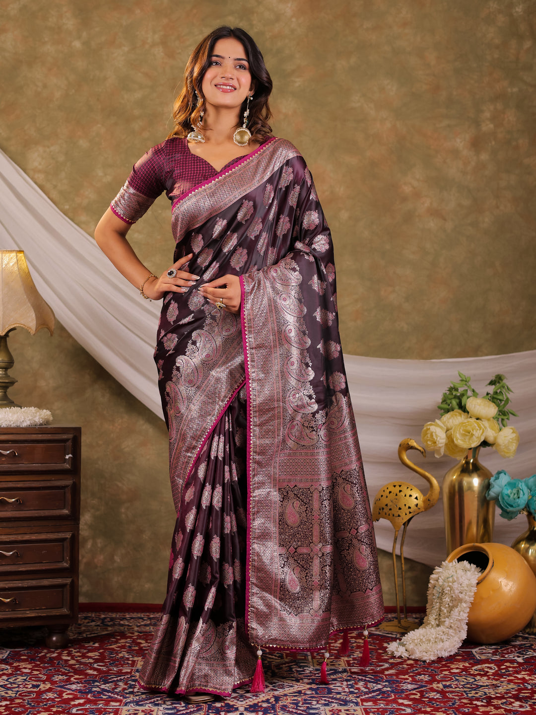 Wine Purple Kanjivaram Banarasi Satin Silk Saree with Intricate Silver Zari Weaving, Royal Heritage Pallu & Tassel Detailing