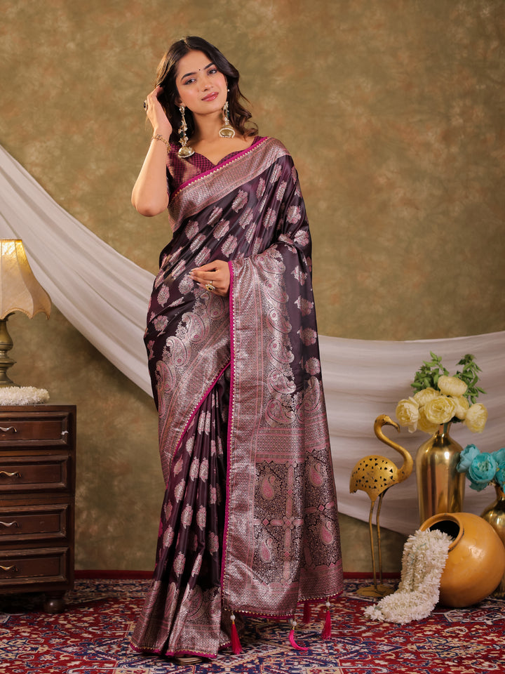 Wine Purple Kanjivaram Banarasi Satin Silk Saree with Intricate Silver Zari Weaving, Royal Heritage Pallu & Tassel Detailing