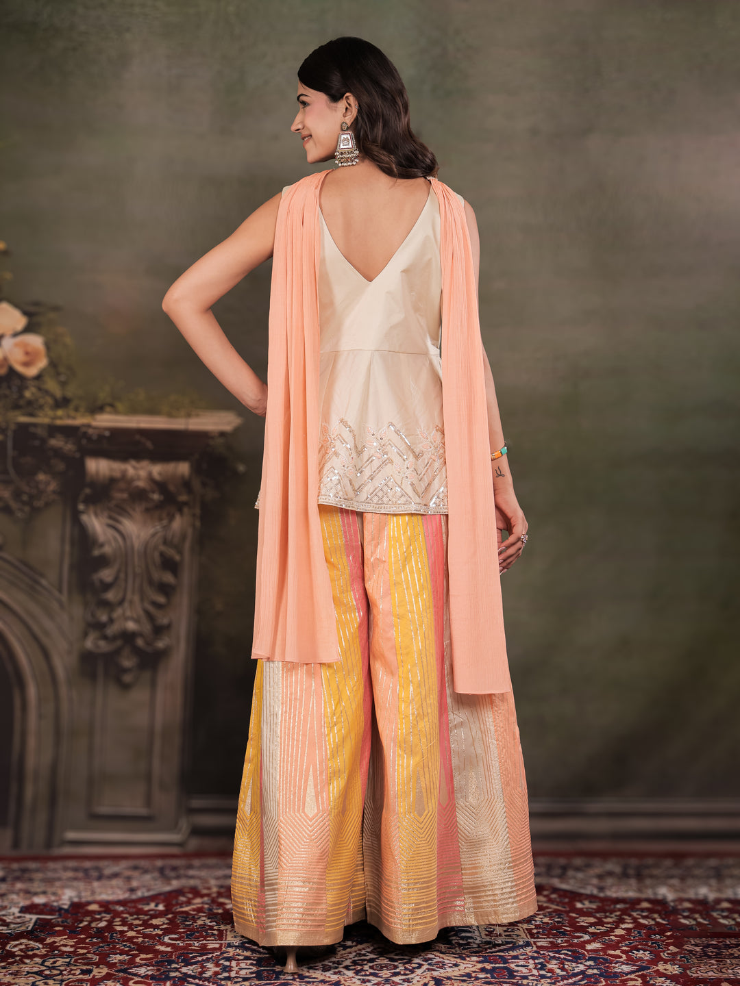 Ivory & Peach Embroidered Kurta Set with Multicolour Palazzo & Peach Dupatta