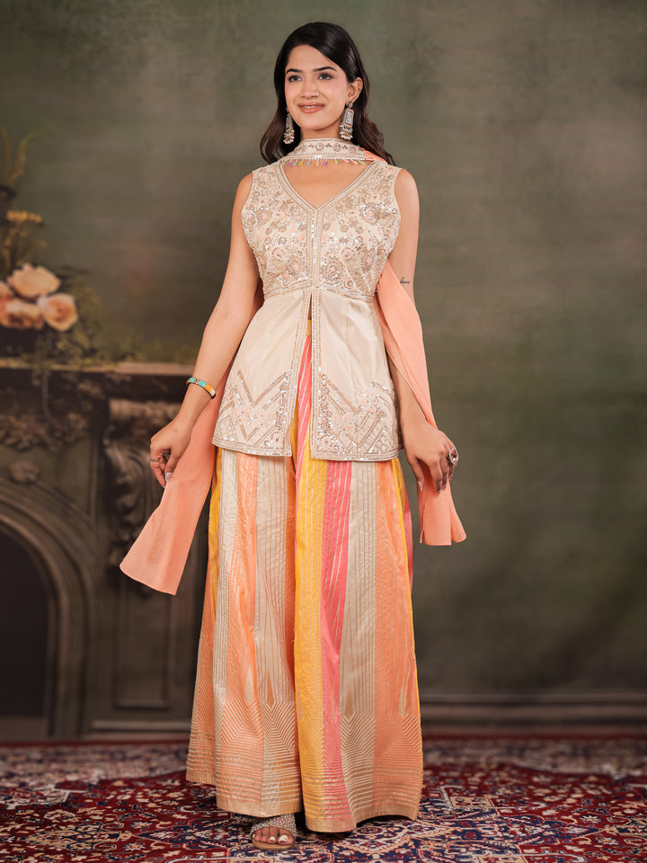 Ivory & Peach Embroidered Kurta Set with Multicolour Palazzo & Peach Dupatta