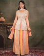 Ivory & Peach Embroidered Kurta Set with Multicolour Palazzo & Peach Dupatta