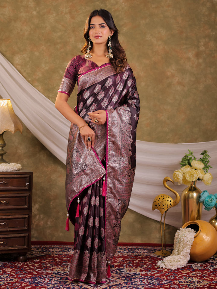 Wine Purple Kanjivaram Banarasi Satin Silk Saree with Intricate Silver Zari Weaving, Royal Heritage Pallu & Tassel Detailing
