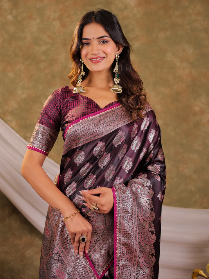Wine Purple Kanjivaram Banarasi Satin Silk Saree with Intricate Silver Zari Weaving, Royal Heritage Pallu & Tassel Detailing