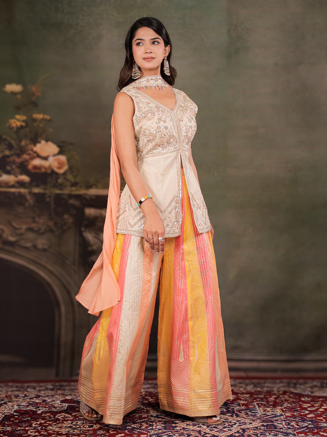 Ivory & Peach Embroidered Kurta Set with Multicolour Palazzo & Peach Dupatta